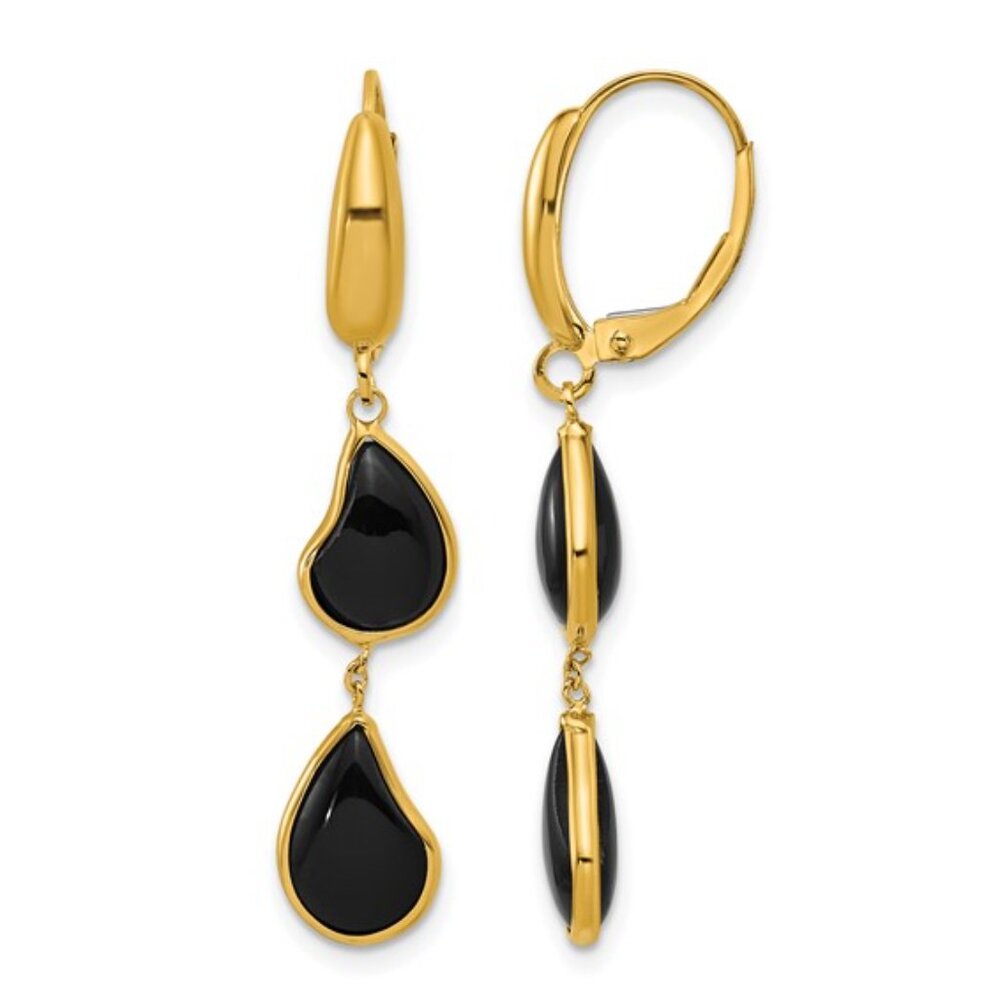 14k Yellow Gold Polished Fancy Onyx Teardrop Dangle Drop Leverback Earrings